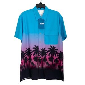 Reel Legends Mens Sunset Palm Tree Performance Fishing Shirt Blue Pink UPF 50 M